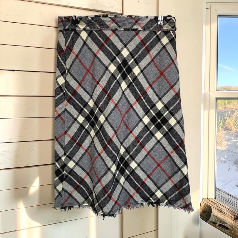 Vintage Skirt J.Crew 2 Grey Bias Plaid Wool Blend Fringed red Black Preppy
